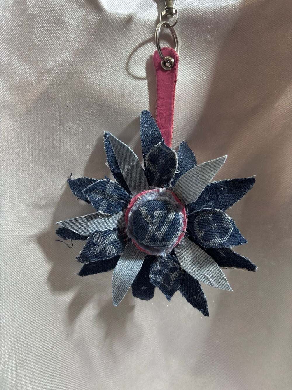 Upcycled Recycled Louis Vuitton Monogram Denim Flower Bag Charm Keychain